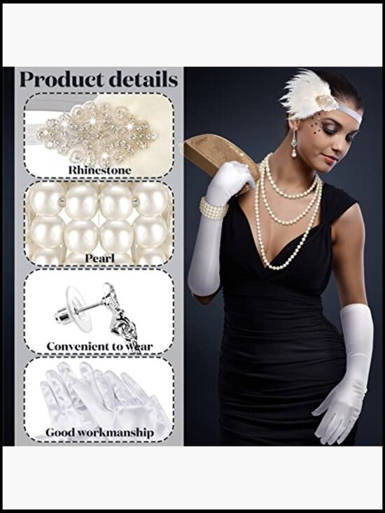 1920s Flapper Accessory Set Feather Headband Pearl Necklace Bracelet Earrings main image 4